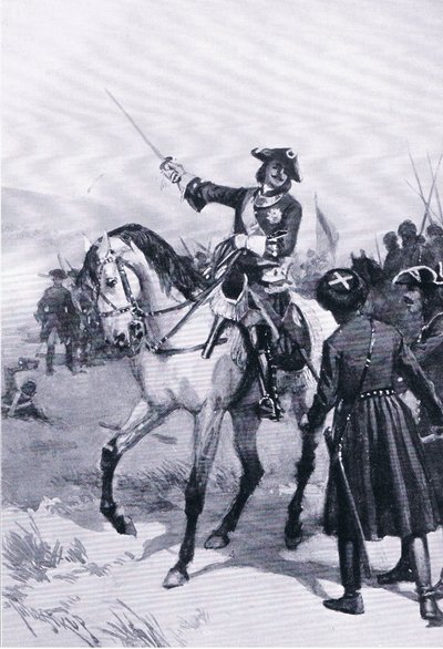 Pedro el Grande en la batalla de Pultowa, ilustración de Hitos en la Historia Europea publicada por Gresham Publishing Co, c.1920 (litografía) de Thure de Thulstrup
