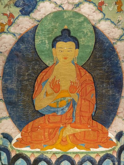 Buda y tres Jataka: Mahakapi, Ruru, Shaabhamiga de Tibetan School