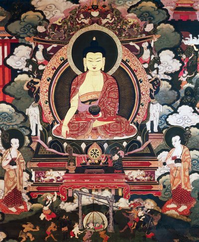 Buda sentado entre sus dos grandes discípulos Cariputra y Maudgalyayana, escenas de la vida de Buda Sakyamuni, civilización tibetana de Tibetan School