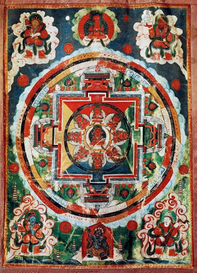 Mandala tibetano conocido como los Cuatro Reyes Celestiales, civilización tibetana de Tibetan School