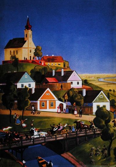 El típico pueblo húngaro, ilustración de un folleto turístico, c.1930-40 de Tibor Polya