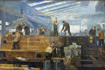 Le plan quinquennal - Turbine installation par Chernyshev, Tikhon Pavlovich (1882-1942). Óleo sobre lienzo, tamaño : 75x110 de Tikhon Pavlovich Chernyshev