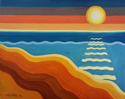 Atardecer en el océano, 2024 (óleo sobre tabla) de Tilly Willis