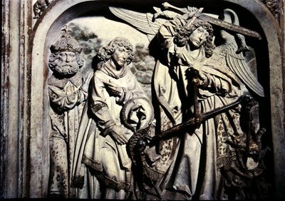 Tumba de Enrique II (973-1024) y su esposa Cunegunda, (detalle) del pesaje del corazón de Enrique II en presencia de San Lorenzo de Tilman Riemenschneider