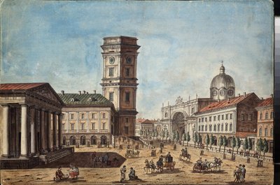 Vue de la perspective Nevsky a Saint Petersbourg (Vista de la avenida Nevsky en San Petersburgo) - Oeuvre de Timofei Alexeyevich Vasilyev (1783-1838), aquarelle et encre sur papier, vers 1810 - Art russe de Timofei Alexeyevich Vasilyev