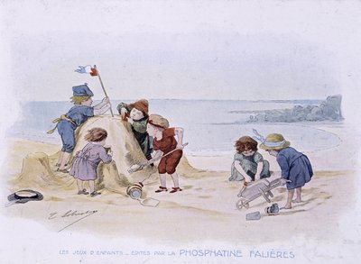 Juegos infantiles: niños construyendo un castillo de arena - dess. de Lobrichon, ed. por Phosphatine Falières, c.1920 de Timoleon Marie Lobrichon