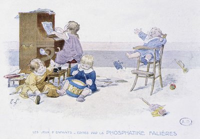 Juegos infantiles: niños tocando varios instrumentos musicales - dib. de Lobrichon, ed. por Phosphatine Falières, c.1920 de Timoleon Marie Lobrichon