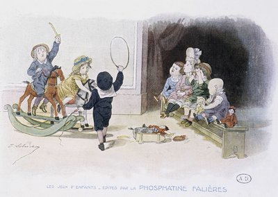 Juegos infantiles: niños con diferentes juguetes (aro, caballo de balancín, muñecas...) - dibujo de Lobrichon, ed. por Phosphatine Falieres, c.1920 de Timoleon Marie Lobrichon