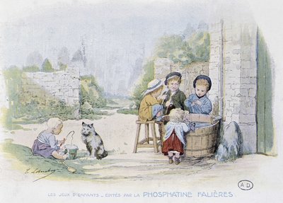 Juegos infantiles: el juego de pescar en un cubo - dib. de Lobrichon, ed. por Phosphatine Falieres, c.1920 de Timoleon Marie Lobrichon