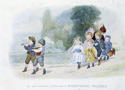 Juegos infantiles: procesión de bodas, niños disfrazados de novias - dibujo de Lobrichon, ed. por Phosphatine Falières, c.1920 de Timoleon Marie Lobrichon