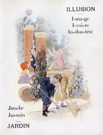 Letras I y J representando a niños en un jardín, finales del siglo XIX (cromolitografía) de Timoleon Marie Lobrichon