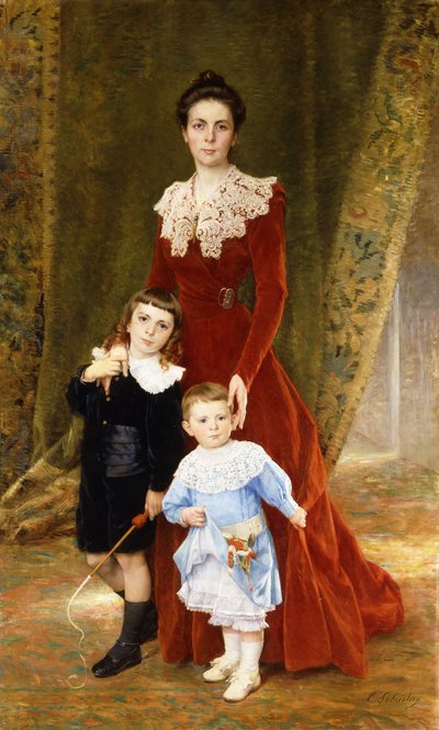Retrato de una dama, de pie a cuerpo entero, con sus hijos de Timoleon Marie Lobrichon