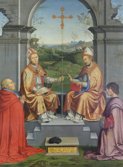 Los santos Tomás Becket y Martín de Tours adorados por el obispo Giovanni Pietro Arrivabene y su sobrino Giacomo de Timoteo Viti