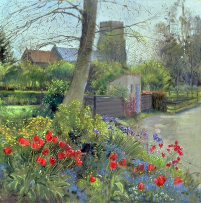 Tulipanes rojos y la iglesia de Bedfield de Timothy Easton