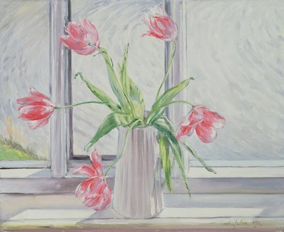 Tulipanes contra el agua en movimiento de Timothy Easton