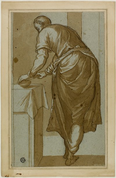 Hombre de pie visto desde atrás cortando pan de Tintoretto