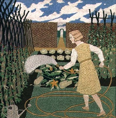 Una mujer regando el jardín (costura) de Tirzah Ravilious