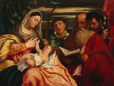 Virgen con el Niño y los santos Esteban, Jerónimo y Mauricio (óleo sobre lienzo) de Titian (c.1488 1576) (after)