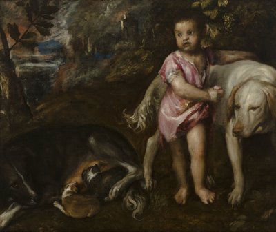 Niño con perros en un paisaje de Titian (c.1488-1576)