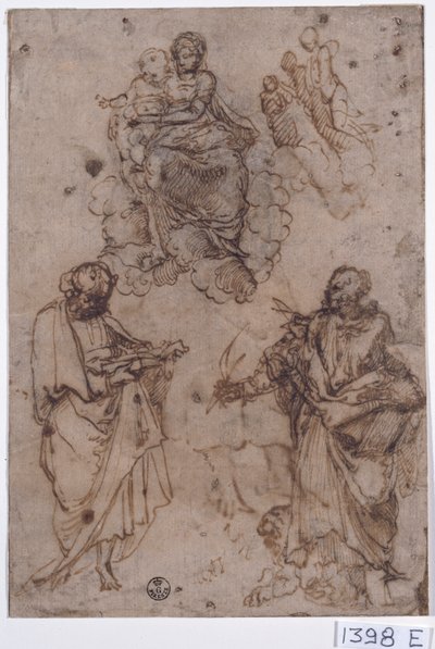 Virgen con el Niño sentados en las nubes con santos o apóstoles (pluma y tinta sobre papel) de Titian (c.1488 1576)