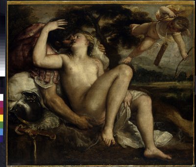 Marte, Venus y Cupido. Pintura de Tiziano Vecelli o Vecellio o Tiziano da Cador, llamado Tiziano o El Tiziano (c. 1490-1576), óleo sobre lienzo, hacia 1530. Arte italiano (Venecia) de Titian (c.1488 1576)