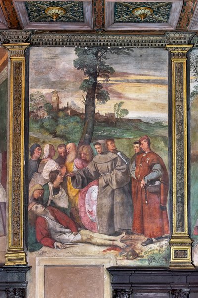 San Antonio atando el pie a un joven, Escuela del Santo (fresco) de Titian (c.1488 1576)