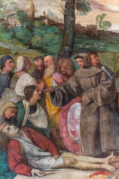 San Antonio atando el pie a un joven, Escuela del Santo, detalle de 2197268 (fresco) de Titian (c.1488 1576)