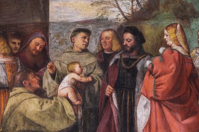 El Niño proclamando la inocencia de la Madre, muro norte, Escuela del Santo, detalle de 2195188 y 2195385 de Titian (c.1488 1576)