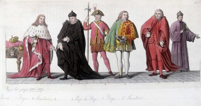 Nobles Venecianos (Dogo, Paje y Senador). Grabado inspirado por Tiziano Vecellio conocido como El Tiziano (1485-1576) y replicado en los mosaicos de la Basílica de San Marcos. En “El traje antiguo y moderno” 1819-1820, por Jules Ferrario de Titian (c.1488 1576) (after)