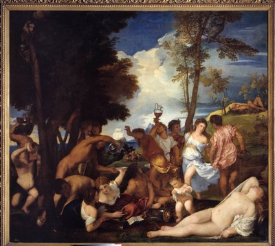 Llegada de Baco a la isla de Andros (Baccanale degli Andrii). Imagen que representa la fiesta de sátiros y bacantes en honor a la divinidad Baco (Bacanale). Pintura de Tiziano Vecellio llamado el Tiziano (1485-1576) de Tiziano Vecelli