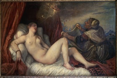 Danae. Mitología griega: Zeus se presenta a Danae en forma de lluvia de monedas de oro para seducirla. Pintura de Tiziano Vecellio, conocido como El Tiziano de Tiziano Vecelli
