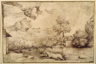 Paisaje: un caballo sin jinete perseguido por una serpiente de Titian (c.1488 1576)