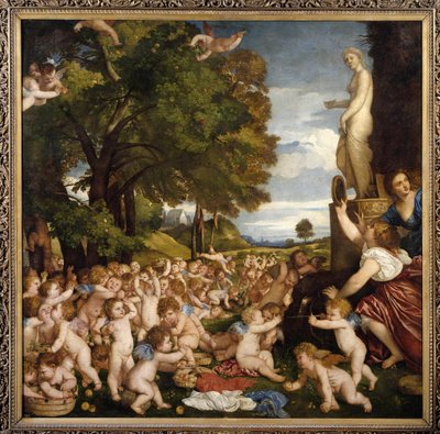 Ofrenda a Venus. Pequeños amores (angelotes) se reúnen para rendir homenaje a la diosa Afrodita - La adoración de Venus de Tiziano Vecelli