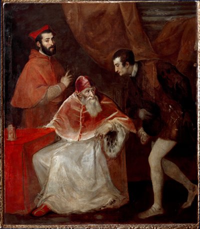 El Papa Pablo III y sus nietos (Alessandro y Ottavio Farnese) de Tiziano Vecelli