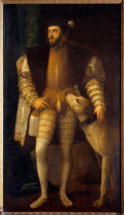 Retrato del emperador Carlos V (1500 - 1558) a los 35 años con su perro Sampere de Tiziano Vecelli