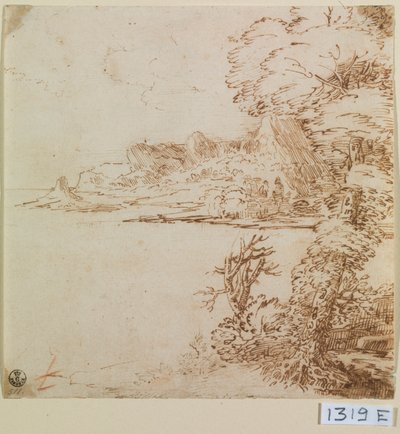 Vista de una costa montañosa (tinta sobre papel) de Titian (c.1488 1576)