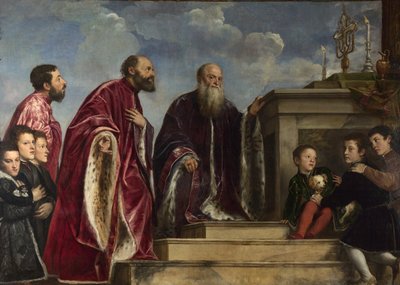 La Familia Vendramin, venerando una Reliquia de la Verdadera Cruz de Tiziano Vecelli