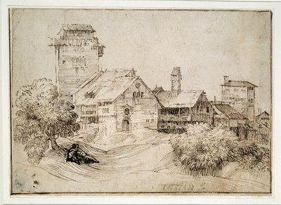 Paisaje con edificios y amantes, abrazándose, después de Tiziano de Tiziano Vecelli (follower) Titian