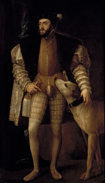 Carlos V, Emperador del Sacro Imperio Romano y Rey de España con su perro, 1533 de Tiziano Vecelli
