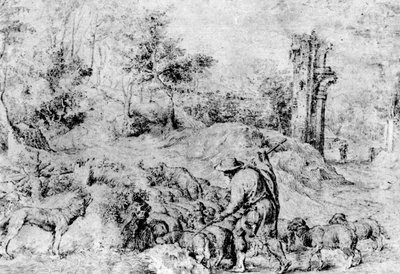 Paisaje con Pastor y Rebaño, c1520, 1937 de Tiziano Vecelli