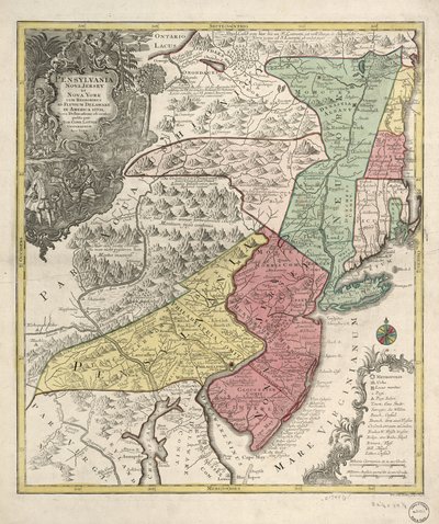 El relieve se muestra de forma pictórica. También cubre Nueva Inglaterra (distorsionado) y la región norte de Chesapeake. Título en latín; notas en alemán y latín; leyenda en latín, alemán e inglés. Meridiano no identificado. Provincias indicadas por col.  de Tobias Conrad Lotter