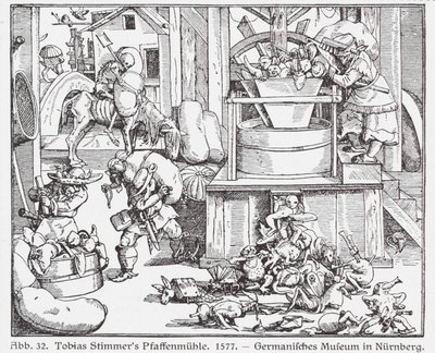 Sacerdotes católicos pasados por un molino (xilografía) de Tobias Stimmer
