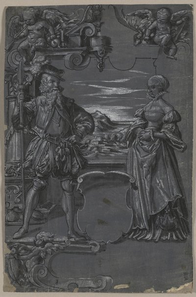 Diseño para Pintura en Vidrio: Hombre y Mujer en Entorno Arquitectónico, segunda mitad de 1500s de Tobias Stimmer