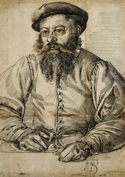 Retrato de un Hombre con Barba, Medio Cuerpo, Sentado en una Mesa de Tobias Stimmer