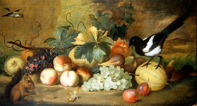 Bodegón de frutas con una urraca y una ardilla roja de Tobias Stranover
