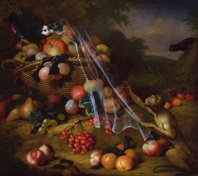 Frutas variadas con un mono, un loro, un arrendajo y dos pinzones en un paisaje de Tobias Stranover