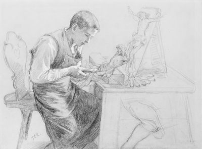 Estudio de un niño tallando un crucifijo, ca. 1908 de Toby E Rosenthal