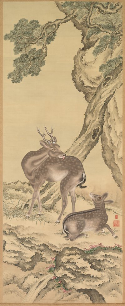 Símbolos de longevidad: Ciervo bajo melocotón y pino Melocotón izquierda, 1801 de Toda Tadanaka