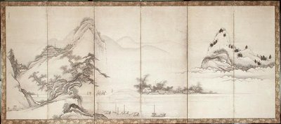 Viajeros en un puente junto a un lago, c.1700 (tinta y color sobre papel) de Toetsu Toetsu