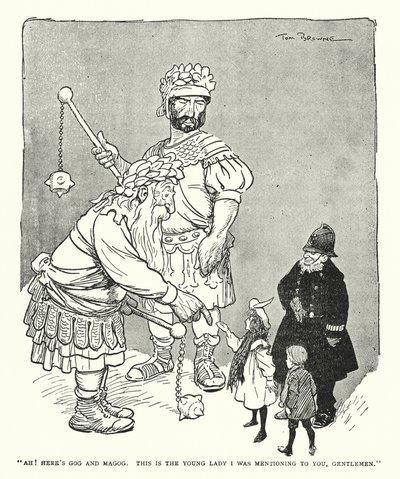 "¡Ah! Aquí están Gog y Magog, Esta es la joven que les mencioné, caballeros" de Tom Browne
